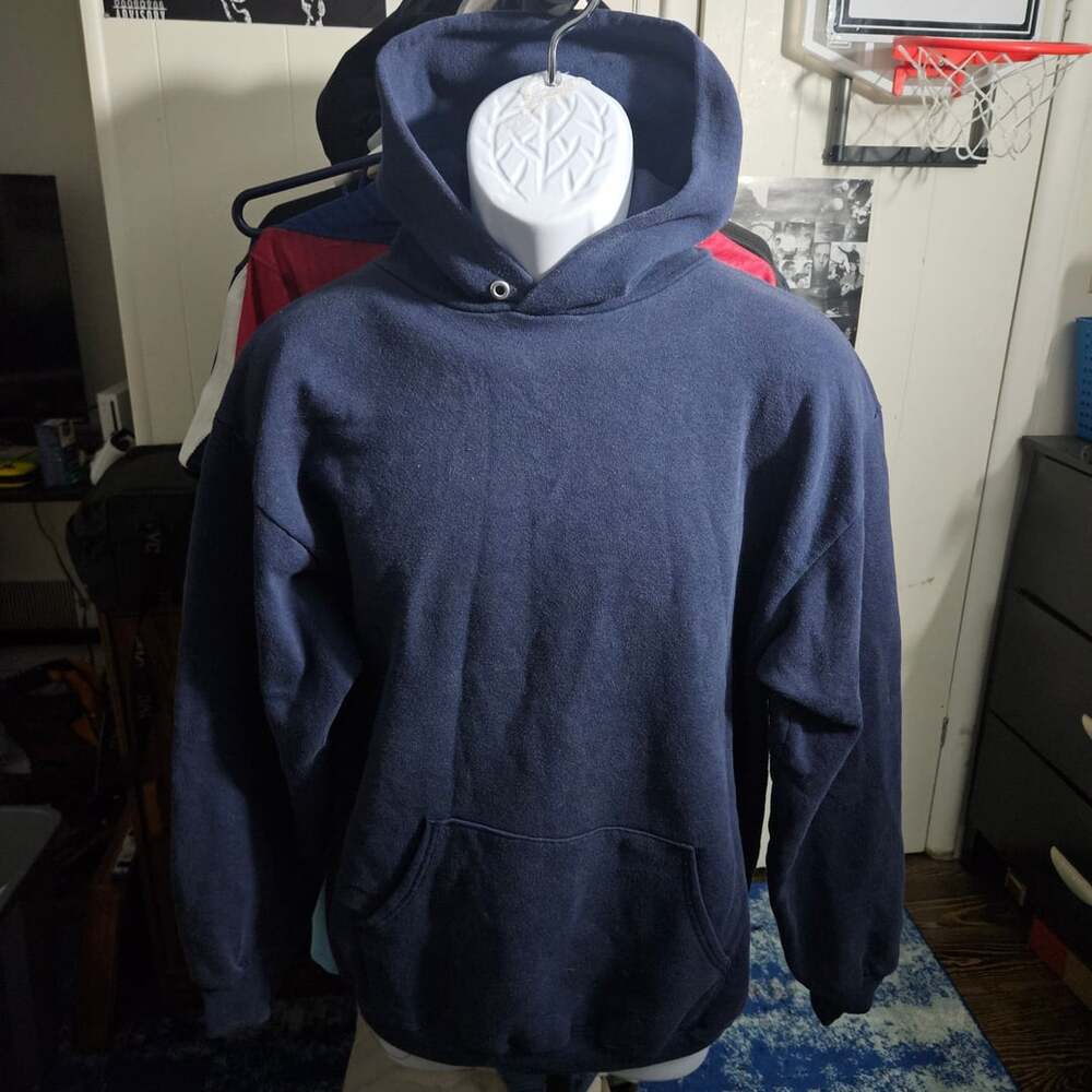 Vintage Jerzees Heavyweight Blank Pullover Hoodie Navy Blue Size XL Made in USA